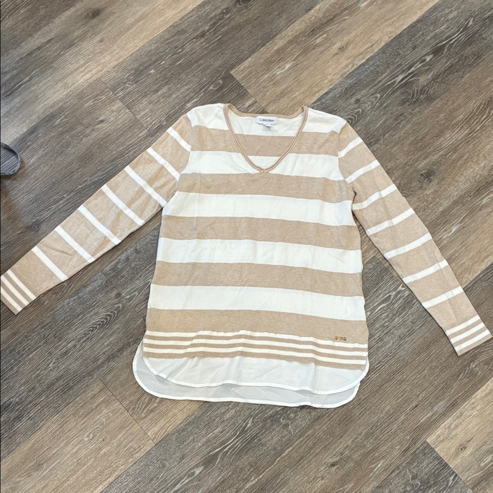 Calvin Klein Beige and White Striped V-Neck Sweater Top